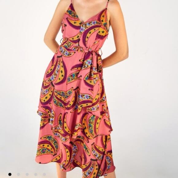Farm Rio Women Pink Banana Flowers Two Tiered Midi Dress Size M